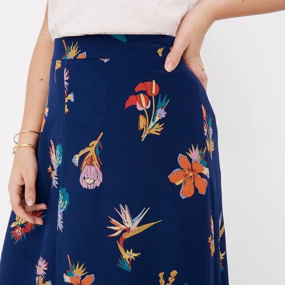 Madewell Silk Atrium Midi Skirt Bird of Paradise Floral Blue Size 10 - Picture 2 of 14